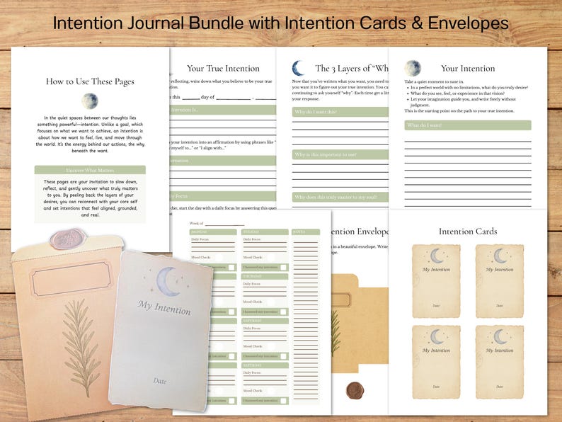 An intention card and envelope on top of pages of an intention setting journal