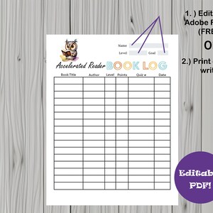 K&ouml;nnte beinhalten: Ein druckbarer Buchtagebuch mit einer Eulenillustration. Das Tagebuch hat Spalten f&uuml;r Buchtitel, Autor, Level, Punkte, Quiznummer und Datum. Der Text "Accelerated Reader BOOK LOG" ist in Regenbogenfarben. Der Text "Editable PDF!" ist in Lila.