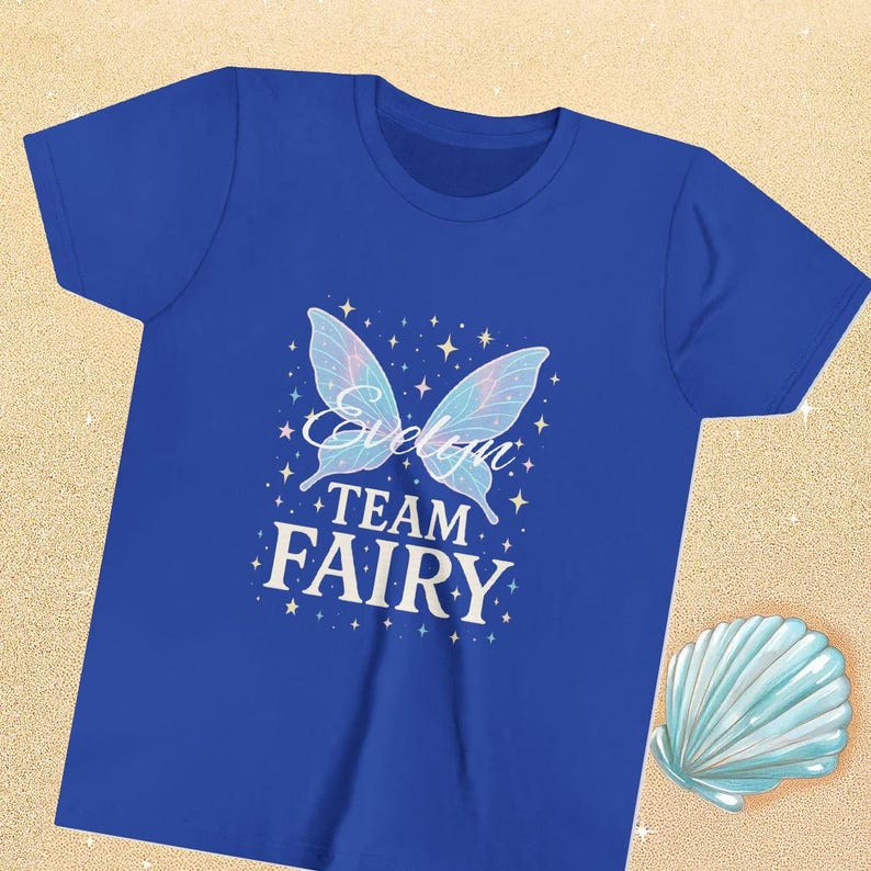 Royal Blue Girl Shirt with Team Fairy and the Name Evelyn Printed Across the Wings
