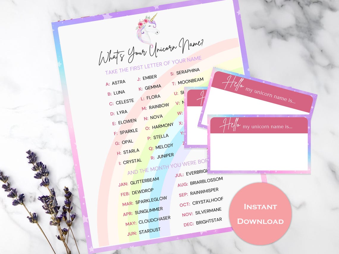 Image of Printable Unicorn Name Party Game with Name Tags