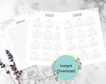 Printable Planner 2025 Calendar Insert, 2026 Calendar Insert, Planner Notes Page, A5, Big Planner, Classic Happy: NY2025