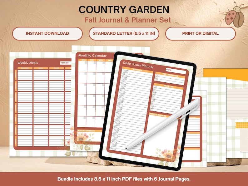 Fall themed printable journal pages including a meal planner, undated monthly calendar, daily focus planner, more journal pages in background.
