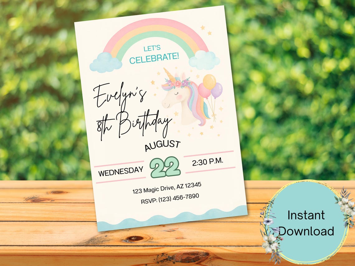 Matching Canva Unicorn Birthday Party Invitation