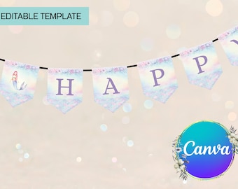 Banner de cumpleaños de sirena editable: Decoración de fiesta en tonos pastel (Plantilla de Canva - Descarga digital)