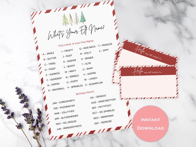 Image of Printable Elf Name Party Game with Name Tags
