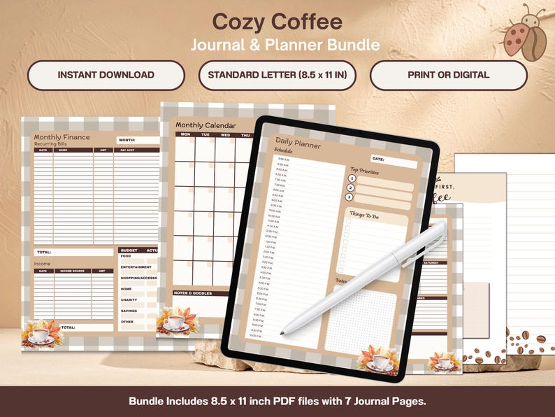 Coffee themed journal bundle laid out showing calendar page, daily planner page, lined and unlined note pages, a finance page, and to-do lists.