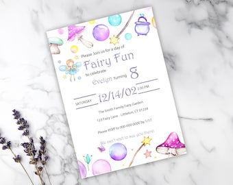 May include: A purple and white invitation card with a watercolor illustration of a fairy, mushrooms, and a magic wand. The text on the card reads "Please Join us for a day of Fairy Fun to celebrate Evelyn turning 8. Saturday 12/14/02 2:30 PM. The Smith Family Fairy Garden 123 Fairy Lane Littleton, CT 01234. Please RSVP to 000-000-0000 by 1/17. We can't wait to see you there!"