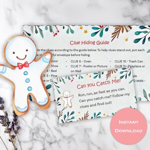 Anpassbare Urlaub Lebkuchen Mann Schnitzeljagd Printable | 12 Hinweiskarten | Indoor Puzzle & Hinweissuche Spiel für Kinder | Sofort-PDF