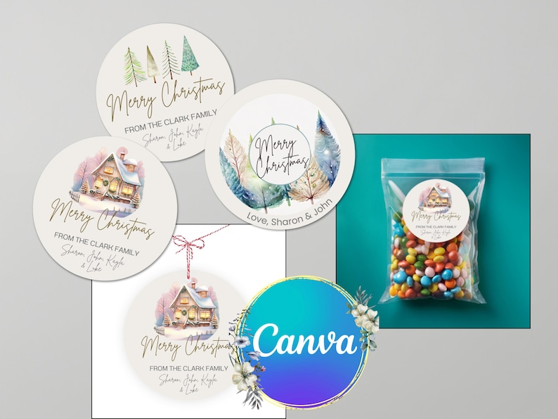 Image of round Christmas stickers designed by a Bug & a Bean
