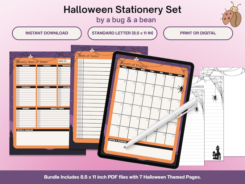 3 large journal pages, one is being used on an iPad. They are themed for Halloween with dark purple, orange, and black as the main colors. 