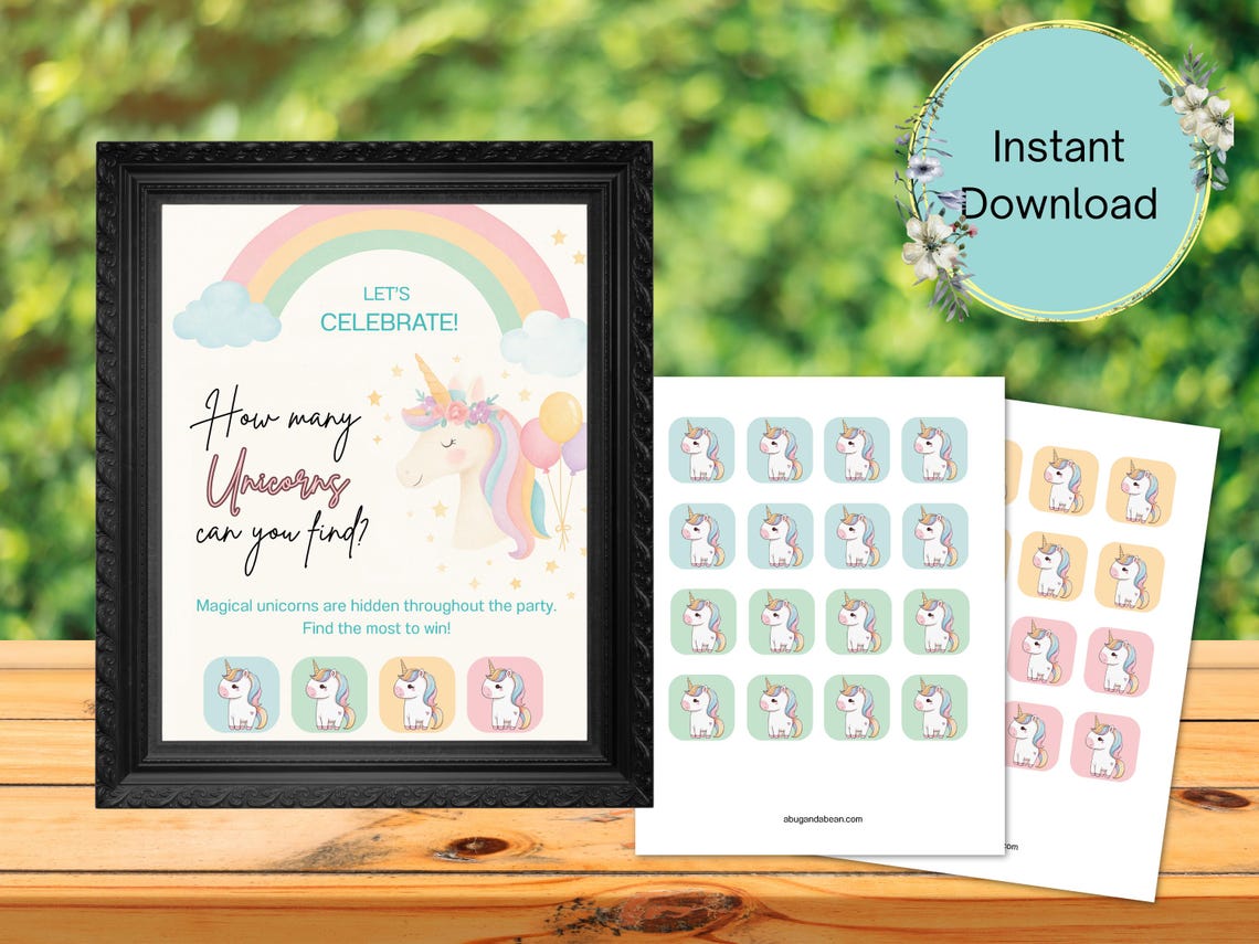Printable Unicorn Themed Birthday Party Game | How Many Unicorns Can You Find Game with Sign + Cutout Unicorn Game Pieces