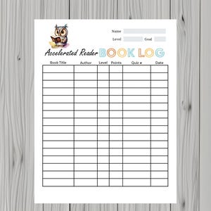 May include: A printable book log for Accelerated Reader with a cartoon owl reading a book. The log has columns for book title, author, level, points, quiz number, and date.