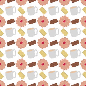 May include: A repeating pattern of white mugs filled with a light brown liquid, heart-shaped cookies with red centers, rectangular chocolate biscuits, and rectangular yellow biscuits on a white background.