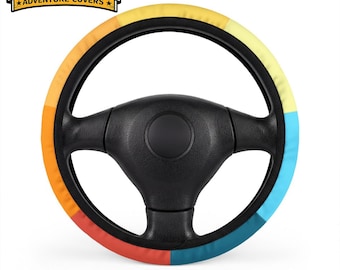 Retro Sunset Steering Wheel Cover, Vintage Stripes, Neoprene Non-Slip Grip, Universal Fit