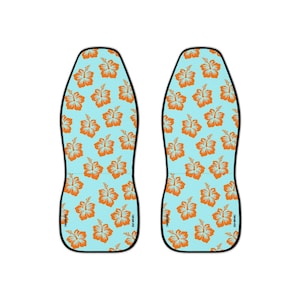 Teal and Orange Tropical Hibiscus Vehicle Seat Covers: Floral Vehicle Accessories - Set of 2