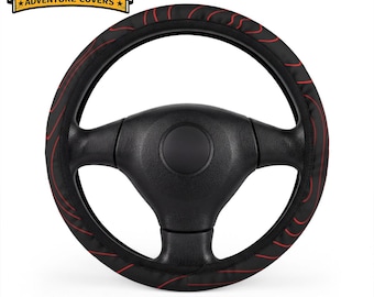 Black Red Topography Steering Wheel Cover, Sporty Neoprene Non-Slip Grip, Universal Fit