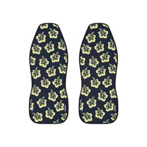 Dark Blue and Beige Hibiscus Flower Vehicle Seat Covers: Hawaiian Print - Set of 2