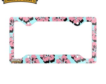Tropical Hibiscus License Plate Frame, Pink Floral Aqua Car Accessory (Universal Fit)