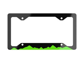 Cornice portatarga in metallo verde lime e nero con motivo montagna, portatarga personalizzato in alluminio con grafica vivace, facile da installare, 31,2 cm x 16,5 cm