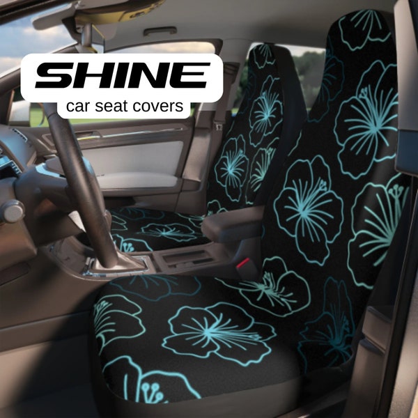 Neon Blue Black Hawaiian Hibiscus Car Seat Covers - Set of 2, Universal Fit, Beach Car Accessories for Most Makes and Models