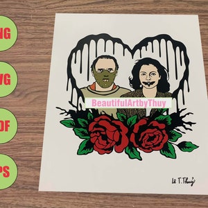 May include: A black and white illustration of a couple in a heart shape with dripping black paint. The man is wearing a mask and the woman has dark hair. The couple is surrounded by red roses and green leaves. The text "BeautifulArtbyThuy" is written in pink below the couple. The text "Le T. Thuy" is written in black at the bottom of the image.