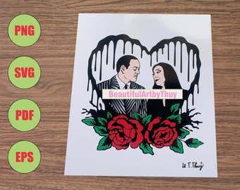 Morticia e Gomez Addams SVG em camadas, PNG da família Addams, painel de casamento gótico, Morticia Addam SVG, clipart de Halloween, filme de terror