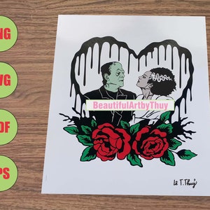 Frankenstein i panna młoda warstwowe SVG, gotycka para PNG do sublimacji, klasyczny horror, dekoracja Halloween Clipart, gotycki panel ślubny