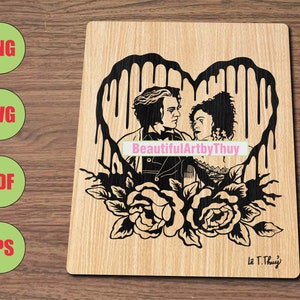 Puede incluir: Ilustración en blanco y negro de una pareja en forma de corazón con pintura goteando, rodeada de rosas. El texto "BeautifulArtbyThuy" y "Le T. Thuy" están incluidos en la imagen.