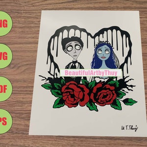 May include: Black and white illustration of a couple, Jack and Sally from the Nightmare Before Christmas, standing in front of a heart-shaped frame with dripping black paint. They are surrounded by red roses with green leaves. The text "BeautifulArtbyThuy" and "Liz T. Thuy" are visible in the image.