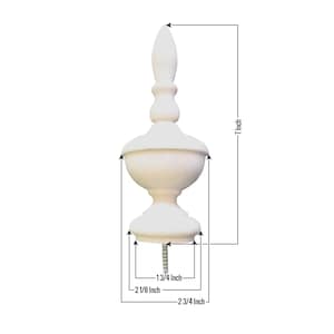 May include: A white wooden finial with a bulbous base and a pointed top. It measures 7 inches tall, 2 3/4 inches wide, and 2 1/8 inches deep. The finial has a 1 3/4 inch screw for attaching it to a surface.