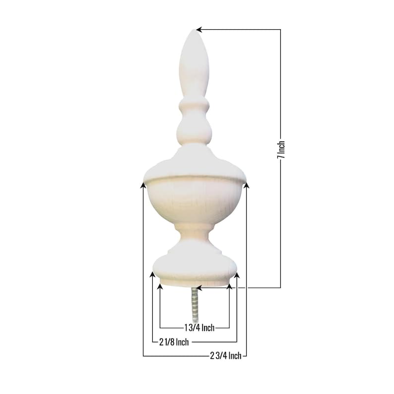 May include: A white wooden finial with a bulbous base and a pointed top. It measures 7 inches tall, 2 3/4 inches wide, and 2 1/8 inches deep. The finial has a 1 3/4 inch screw for attaching it to a surface.