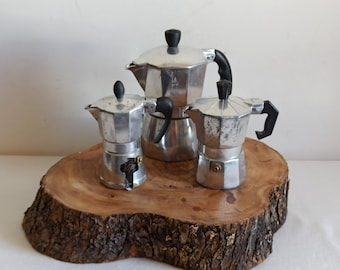 Set of 3, classic Italian stovetop moka pots, midcentury espresso makers, 1960s-1970s