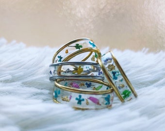 Anillo de flores prensadas, anillo de preservación de flores hecho a mano oro plata, joyería floral, anillo nupcial de boda, banda de recuerdo botánico, anillo midi