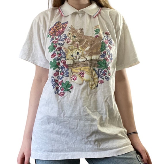 Vintage 90s y2k Cats Kittens White Graphic T Shirt