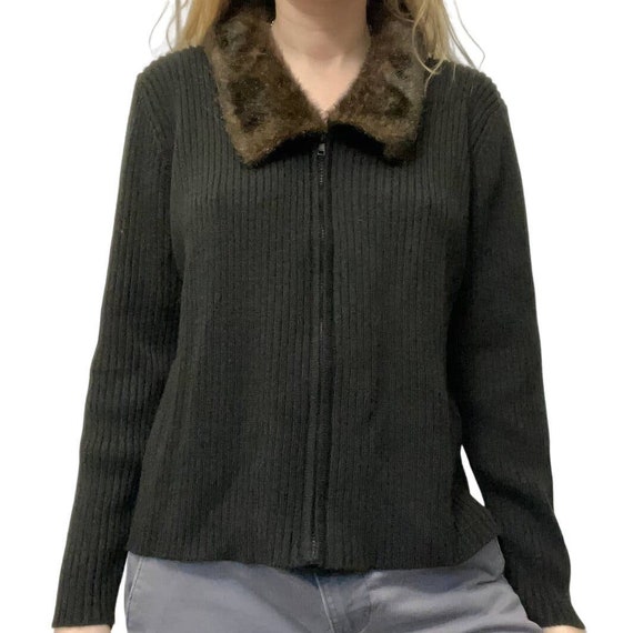 Black Brown Faux Fur Collar Sweater Zip 90s Retro… - image 1