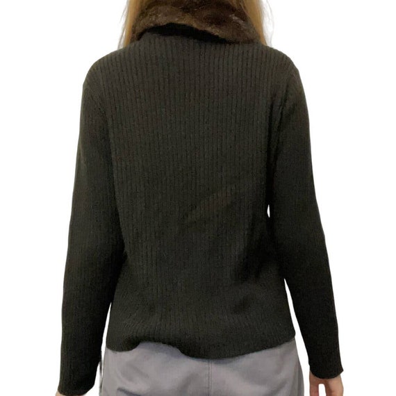 Faux Fur Collar Sweater Black Brown Zip 90s Retro… - image 2