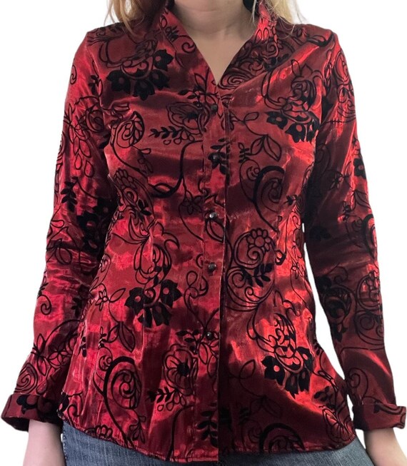 Red Black Floral Button Down Shirt Whimsigoth Shi… - image 1