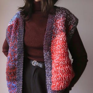 Può includere: Un gilet di uncinetto colorato con un design a patchwork in tonalità di rosso, blu e viola. Il gilet ha un collo a V ed è senza maniche.