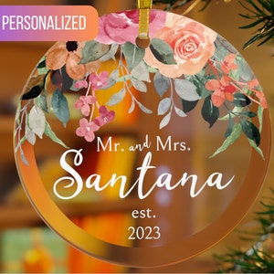 Personalized Wedding Ornament, Wedding Gift, Floral Watercolor Christmas Ornament, Custom Glass Ornament, Marriage Established Date Keepsake