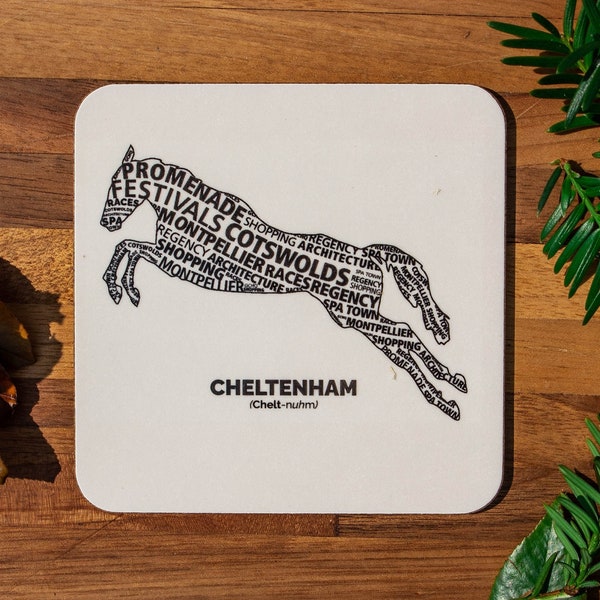 Melamine Cork Backed Coaster with Horse Outline and Cheltenham Related Words.