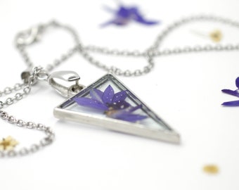 Triangular Clear Flower Necklace | Purple Pressed Flower Pendant | Real Flower Jewelry | Mothersday Gift