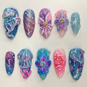Glow In The Dark Jellyfish Press On Nails, 3D Ocean Nail Art, Galaxy Floral Nails, Magical Undersea False Nail Set
