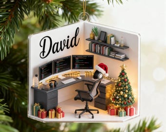 Personalized Programmer Desk 2D Flat Ornament, Custom Coder Workspace Christmas Gift, Software Developer Office Decor Keepsake
