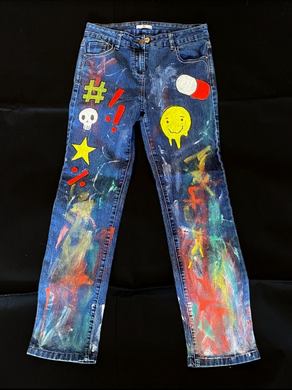 Upcycled Custom Colourful Smiley Face Painted Denim Jeans 