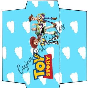 May include: A blue and white envelope with a Toy Story theme. The envelope features Woody, Buzz Lightyear, and Jessie from the movie. The text "Toy Story" is printed in red and yellow on the envelope.