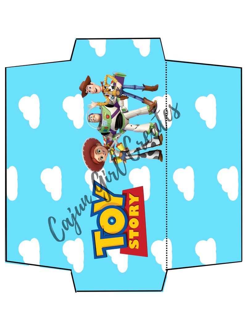 May include: A blue and white envelope with a Toy Story theme. The envelope features Woody, Buzz Lightyear, and Jessie from the movie. The text "Toy Story" is printed in red and yellow on the envelope.