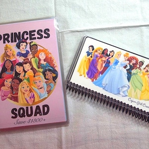 May include: Two spiral-bound notebooks featuring Disney princess illustrations. The left notebook has a light pink cover with the text "PRINCESS SQUAD" and "Save $1300+". The right notebook has a white cover with a line of princesses and "Cajun Girl Creates".