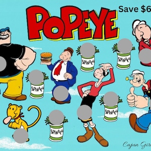 May include: A colorful game board featuring Popeye and his friends. The board has a blue background with various characters from the Popeye cartoon. The characters include Popeye, Olive Oyl, Bluto, and Wimpy. The board also has several cans of spinach with the word "SPINACH" printed on them. The text "Save $60" is printed in the top right corner of the board. The text "Cajun Girl Creates" is printed in the bottom right corner of the board.