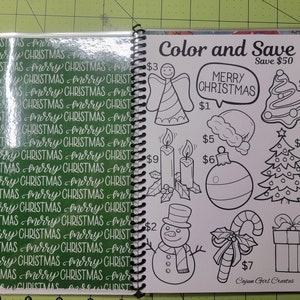 May include: A page from a coloring book with the title "Color and Save" and the text "Save $50". The page features black and white illustrations of Christmas-themed images, including an angel, candles, a Christmas tree, a Santa hat, an ornament, a snowman, a candy cane, and a gift box. Each image has a price listed next to it.