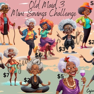May include: An illustration of a savings challenge with 10 cartoon women. Each woman has a price tag next to her. The text "Old Maid 3 Mini Savings Challenge" is at the top of the image. The text "Save $45" is at the top right of the image.